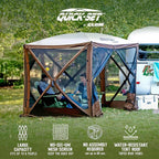 CLAM Pop Up Screen Tent, Outdoor Camping Gazebo Canopy, Adventure with Wind Panels, 9' x 9', Brown