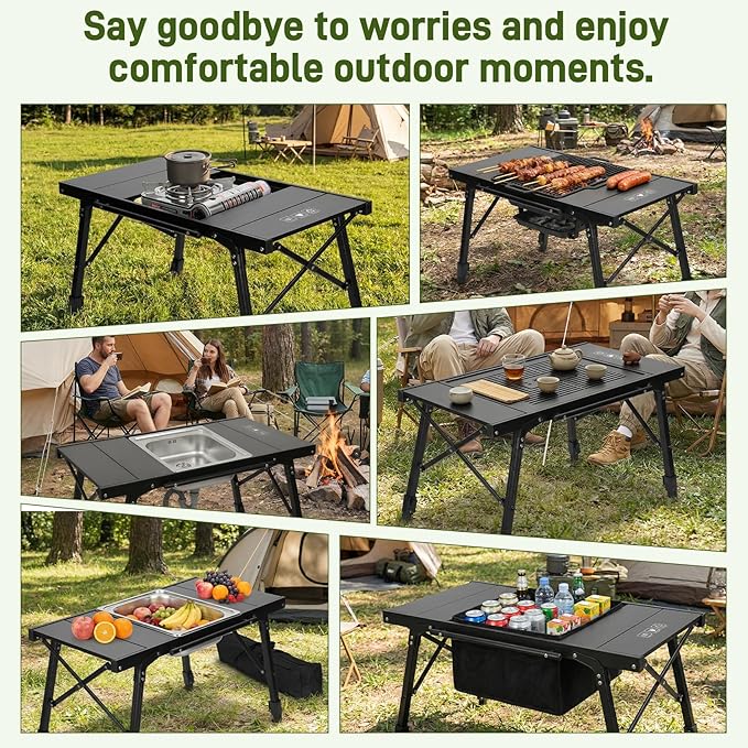Folding IGT Camping Table, Portable Outdoor IGT Cooking Camping Tables, Ultra-Lightweight Aluminum Foldable Camping Table with Carry Bag for Car Camping, Picnics, RV Travel, and BBQ