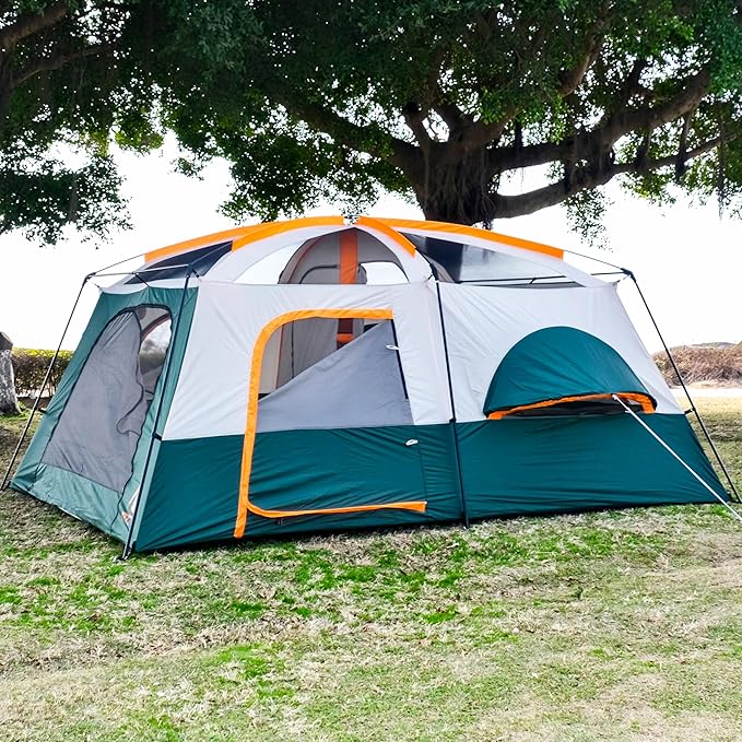 KTT Extra Large Tent 10-12-14 Person(B),Family Cabin Tents,2 Rooms,3 Doors and 3 Windows with Mesh,Straight Wall,Waterproof,Double Layer,Big Tent for Outdoor,Picnic,Camping,Family Gathering