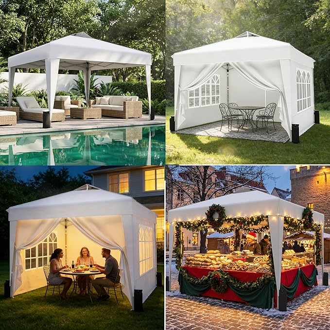 SANWAY 10x10 Pop Up Canopy Tent with Sidewalls x 4 – Easy Setup Canopy Tent, Waterproof, UV-Resistant, Portable with Carry Bag for Outdoor Events, Camping, and Backyard Parties – White