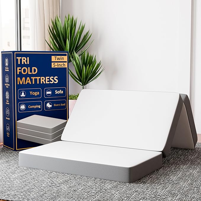 Greaton, 5-Inch Tri-Folding Gel Memory Foam Portable Floor Mattress | Breathable Mesh, Ultra Soft, Cot Pad, Removable and Washable Cover, Comfortable Support, Therapeutic Qualities, Twin, White