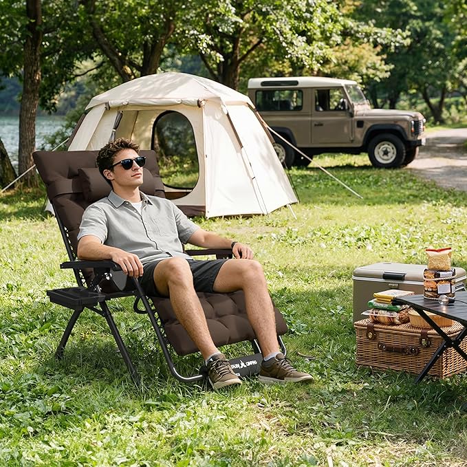 Amopatio Oversized Padded Zero Gravity Chair, XL 29In Reclining Camping Lounge Chair w/Removable Cushion&Headrest, Upgraded Lock and Footrest, Folding Patio Recliner for Indoor Outdoor, Charcoal
