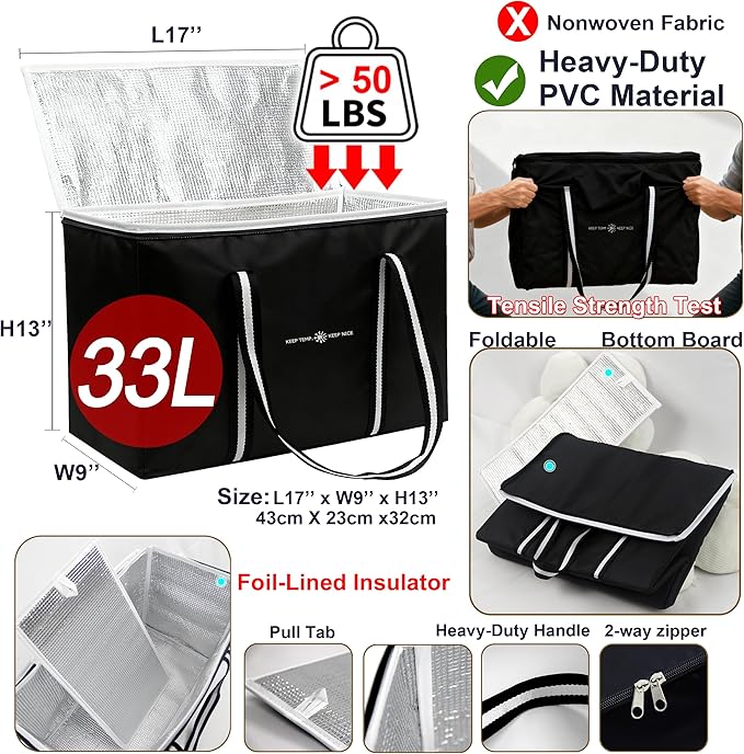 modscape Extra Large Heavy Duty Insulated Food Delivery Bag – Thermal Grocery & Pizza Carrier for Hot & Cold Meals, Catering & Shopping – Foldable Cooler Tote for Travel, Camping & Beach