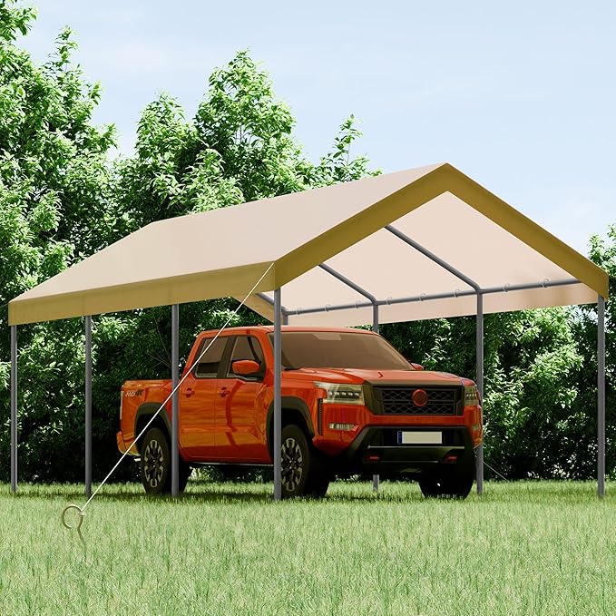 Shintenchi 10x20ft Heavy Duty Carport with UV&Wind Resistant Canopy,Portable Carport Garage Shelter with Stable Powder-Coated Steel Frame,Outdoor Carports for Car,Bike,Camp,Storage(Khaki)