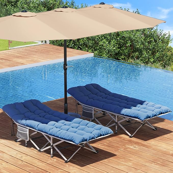 YITAHOME Camping Cots w/Mattress Portable Lounge Chair Outdoor Folding Cot Heavy Duty 575 LB Capacity 1200D Oxford w/Carry Bag Travel Camp Bed for Camping, Office, Traveling, Navy Blue