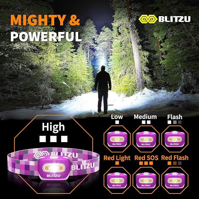 LED Headlamp Flashlight for Adults & Kids, Lightweight, Waterproof Head Lamp with White & Red Light, Comfortable Headband, Perfect for Running, Camping, Hiking, 3 AAA Batteries Included, Purple