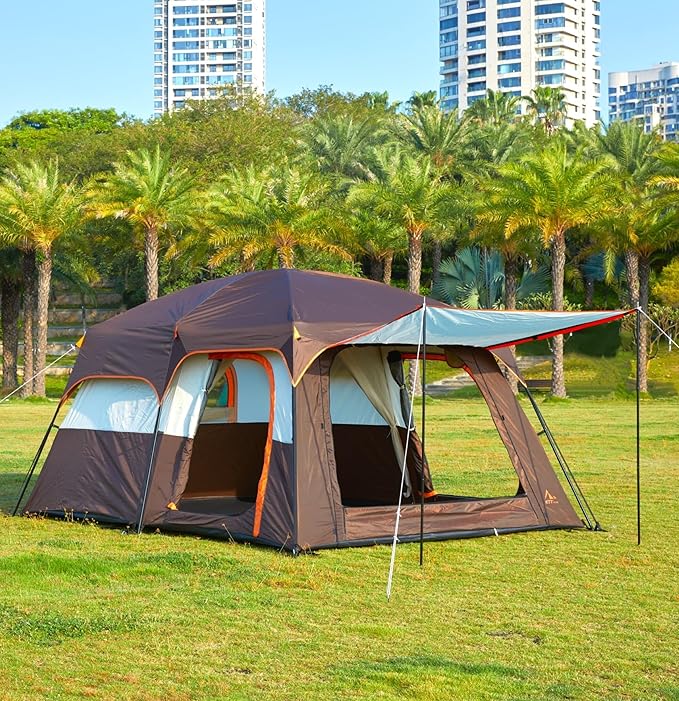 KTT Extra Large Tent 10-12-14 Person(Style-B),Family Cabin Tents,2 Rooms,3 Doors and 3 Windows with Mesh,Straight Wall,Waterproof,Double Layer,Big Tent for Outdoor,Picnic,Camping,Family Gathering