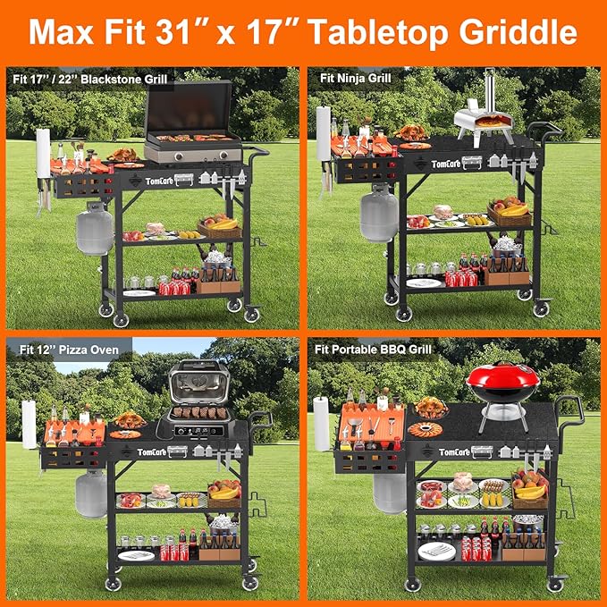 TomCare Grill Table with 3-Tier Storage Shelves Lockable Wheels Grill Cart with Silicone Grill Mat Heavy Duty Outdoor Tabletop Griddle Stand Holds 500Lbs Fits 22” Blackstone Ninja Cuisinart BBQ Grill
