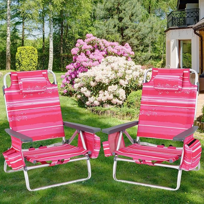 Giantex Folding Beach Chair, Patio Sling Chairs with 5 Adjustable Position, Head Pillow, Storage Bag, Towel Bar, Cup Holders, Backpack Chairs for Sunbathing, Camping Chair