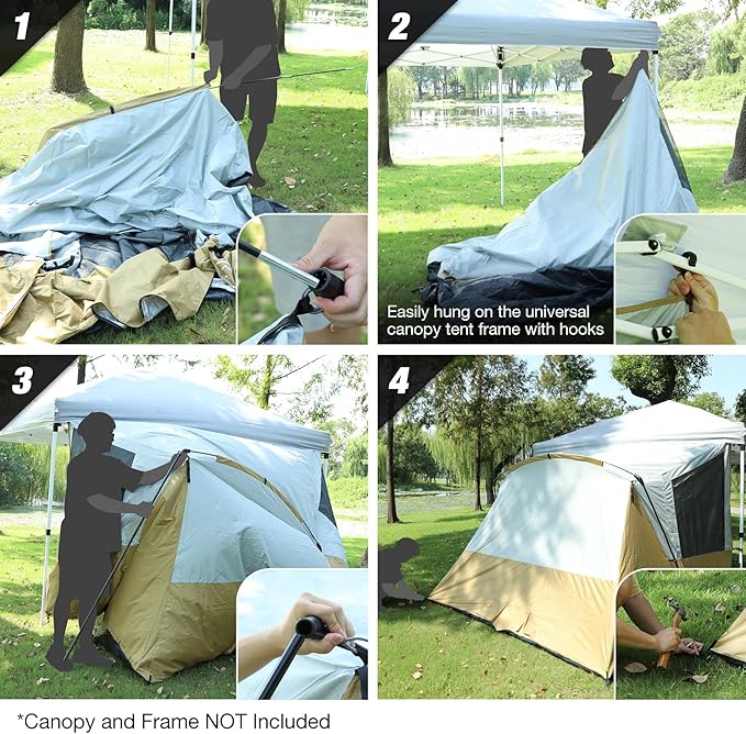 REDCAMP Camping Side Tent for Pop Up Canopy, Easy Setup Water-Resistant Camping Tent Attachment for 10' Wide Canopy, Fit 2 Person, Khaki (Frame/Shelter NOT Included)