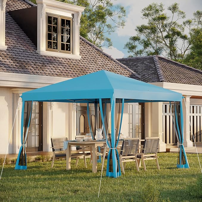 Outsunny 10' x 10' Pop Up Canopy Tent with Netting, Instant Gazebo, Screen House Room with Carry Bag, Height Adjustable, for Outdoor, Garden, Patio, Camping, Light Blue