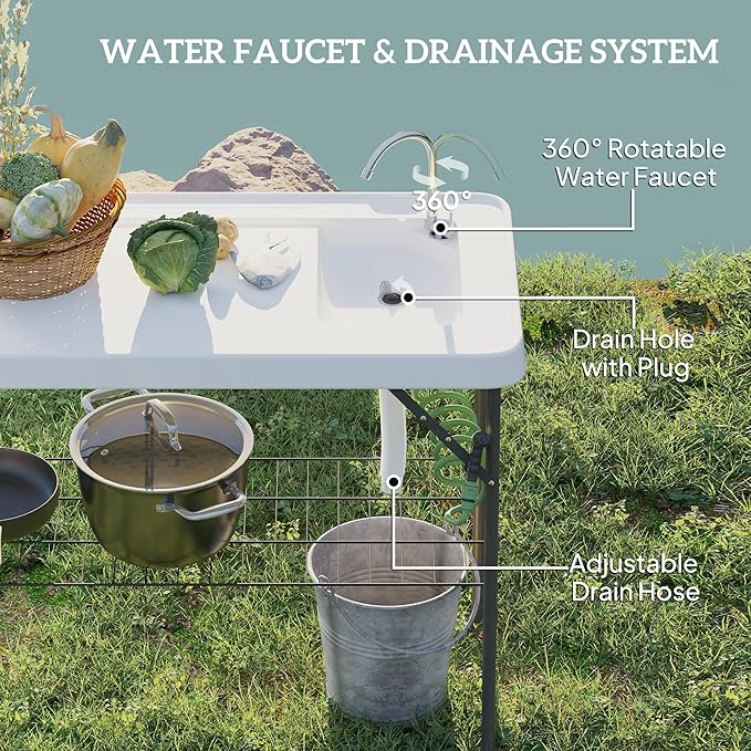 Outsunny Folding Fish Cleaning Table, Portable Camping Sink Station with Faucet, Drainage Hose, Sprayer, Grid Rack and Knife Groove, Outdoor Fillet Table for Picnic Beach Patio, White