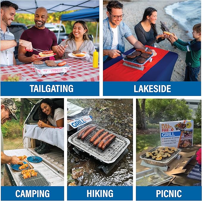 Pull Start Fire Grill | Single Use Portable Disposable Charcoal BBQ with Pull Start Matchless Ignition | Ready in 5 Min, 3 Hour Burn | Camping, Tailgating, Outdoor Cooking, No Cleanup Needed
