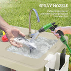 Outsunny Folding Fish Cleaning Table with Sinks, Portable Camping Sink Table with Faucet, Drainage Hose, Sprayer, Shelf, Drawer and Storage Basket, Outdoor Fillet Table for Picnic Beach Patio, Tan