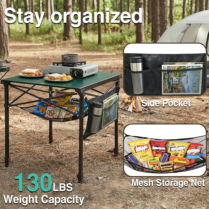 Portable Camping Table with Adjustable Height, Lightweight Aluminum Roll Top Folding Camp Table with Storage Pockets & Dual-Compartment Bag, Heat-Resistant, for RV, Picnic, BBQ, Outdoor (L)