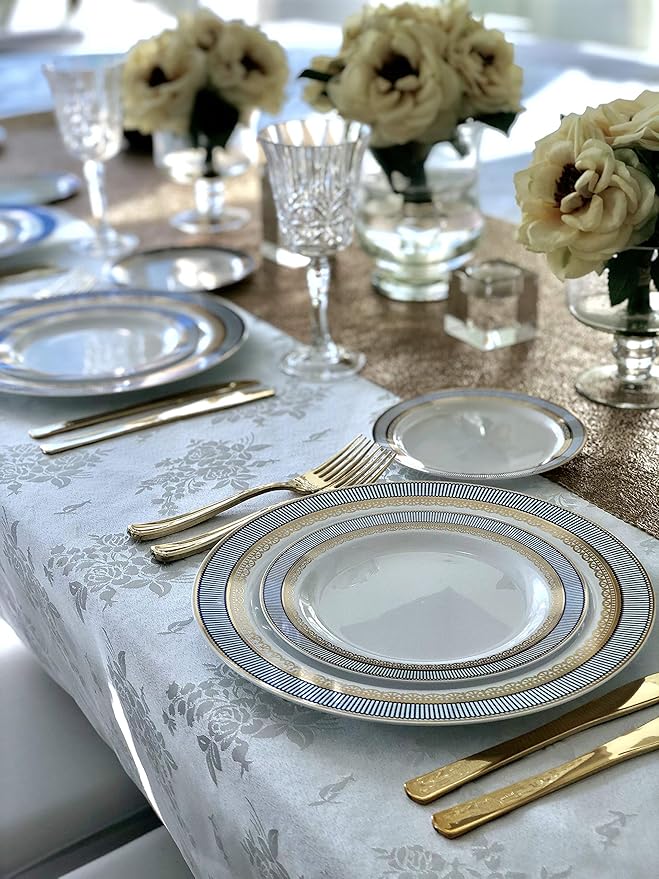 OCCASIONS 50pc Heavy Duty Disposable Plastic Plates Set for 25 Guests – 25 Dinner (10.5") & 25 Dessert (7.5") Plates – Elegant, Recyclable, BPA Free – Louvre Blue & Gold