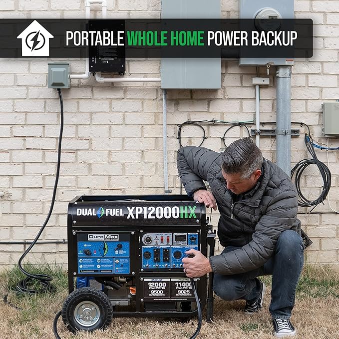 DuroMax XP12000HX 12,000-Watt Dual Fuel Portable Generator - Gas & Propane, Electric Start, Whole Home Power Backup, Transfer Switch Ready, RV & Emergency Ready