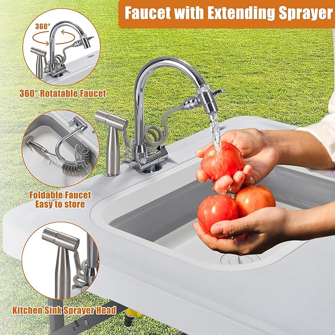 Spurgehom 50" Portable Fish Cleaning Table with Sink&Collapsible Wash Basin, Folding Camping Table with Faucet, Sprayer, Gloves, Trash Can, Storage Bag, Foldable Picnic Table for Picnic Beach Patio