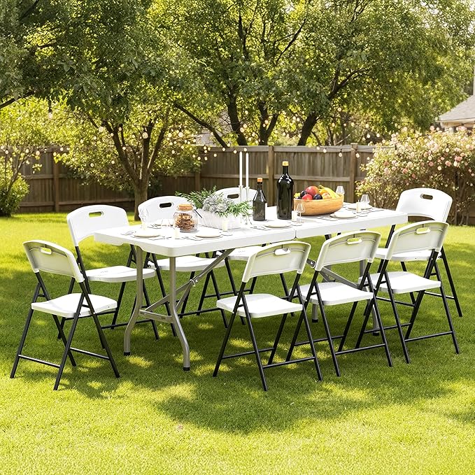 70.5" Foldable Outdoor Dining Set with 8 Fully assembled Dining Chairs for Easy Storage, Portable Patio Table and Chairs Set for Camping Picnic, Heavy Duty Patio Table Set for Garden Yard.