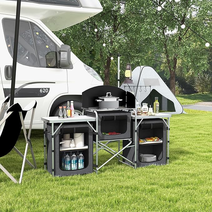 Outsunny Camping Kitchen Table, Portable Folding Camp Kitchen, Aluminum Cook Station with 3 Fabric Cupboards, Windshield, Carrying Bag for BBQ, RV, Picnic, Black