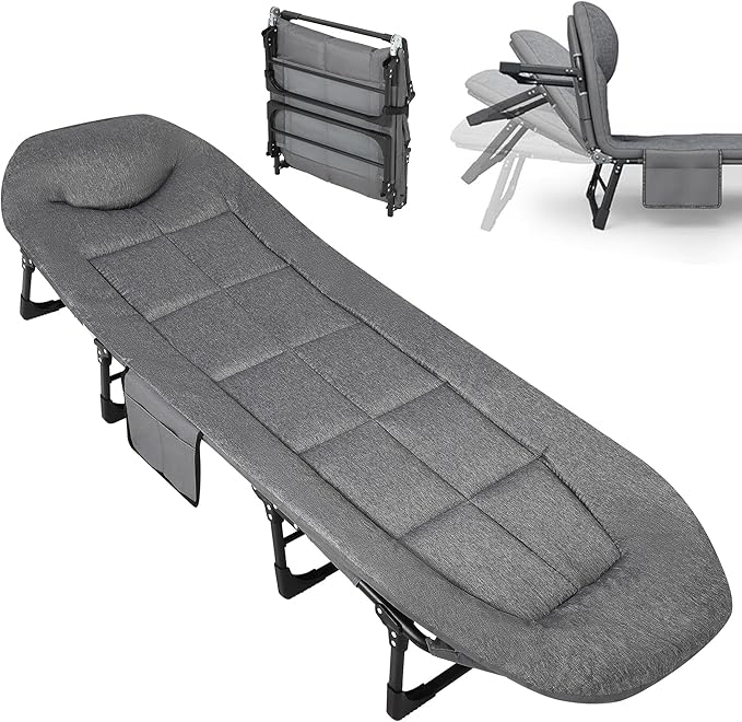 Garvee 79" Portable Folding Bed with Cushion and Pillow, Camping Cot for Adults with Supports 500 Lbs, Lightweight Tent Cot for Patio Beach Indoor Outdoor, Grey