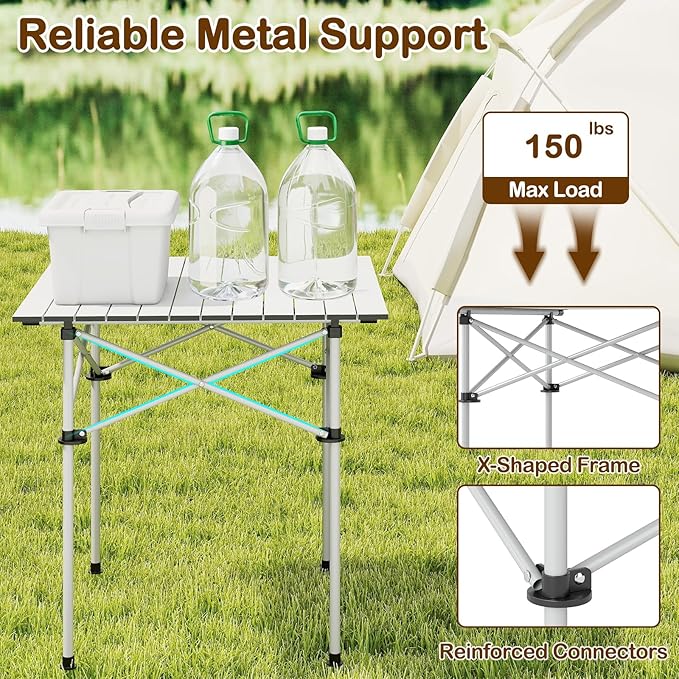 Giantex Folding Roll-up Camping Table, Outdoor Lightweight Aluminium Table for 4, Portable Square Table with Carry Bag for Picnic, Hiking, BBQ, Beach, Tailgating (28"x28"x27.5",Silver)