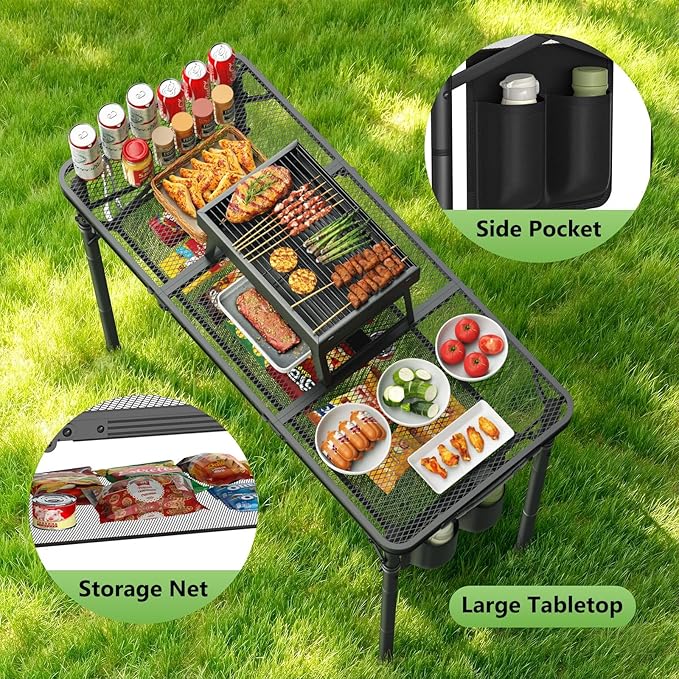 Tri-fold Camping Table, 3 Heights Adjustable Grill Table with Storage Bag, Aluminum Frame Folding Tables, Portable Handle for Outdoor Camping Picnic Cooking BBQ, 35.43"x15.75", Black