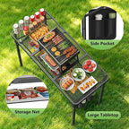 Tri-fold Camping Table, 3 Heights Adjustable Grill Table with Storage Bag, Aluminum Frame Folding Tables, Portable Handle for Outdoor Camping Picnic Cooking BBQ, 35.43"x15.75", Black