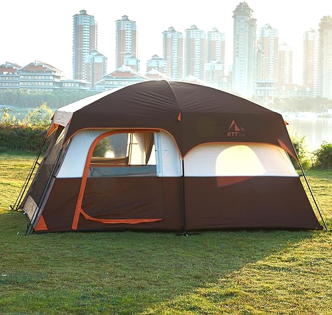 KTT Large Tent 6-8-10 Person,Family Cabin Tents,2 Rooms,2 Doors and 4 Windows with Mesh,Straight Wall,Waterproof,Double Layer,Big Tents for Outdoor,Picnic,Camping,Family Gathering