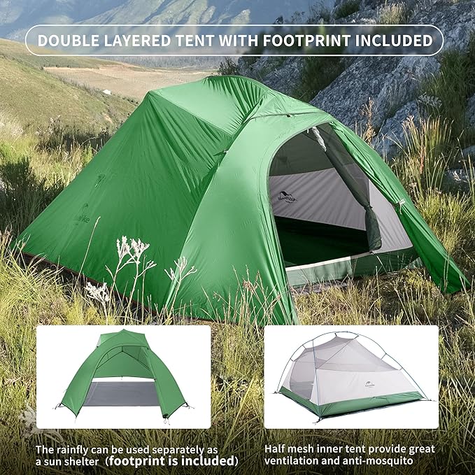 Naturehike Cloud Up 3 Person Backpacking Tent with Footprint - 3 Season Free Standing Lightweight 3 Person Camping Tent | with Footprint, Free Standing, Dome, Camping, Hiking, Waterproof