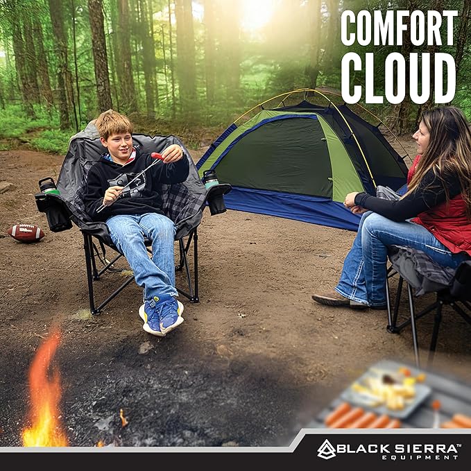 Black Sierra Oversized Camping Chair for Adults – 400 lb Heavy Duty Folding Chair with Cup Holders & Carry Bag