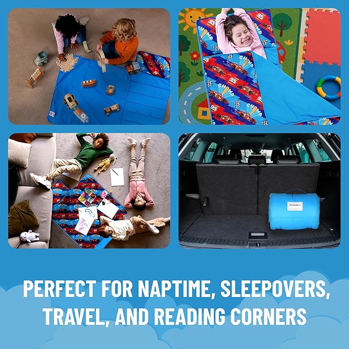 Jay Franco Kids Nap Mat with Embedded Pillow & Blanket – Soft 46"x20" Microfiber Sleeping Bag with Name Tag & Handle for School, Travel, Sleepover