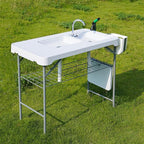 Allpop Fish Cleaning Table with 2 Sinks & Grid Rack, 42.5'' Portable Folding Camping Fish Station with Foldable Faucet, Drainage Hose, Sprayer, Storage Box, Drawer & Grooves for Picnic, White