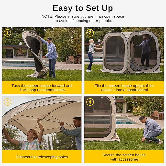 East Oak Screen House Tent Pop-Up, Portable Screen Room Canopy Instant Screen Tent 6 x 6 FT with Carry Bag for Patio, Backyard, Deck & Outdoor Activities, Beige