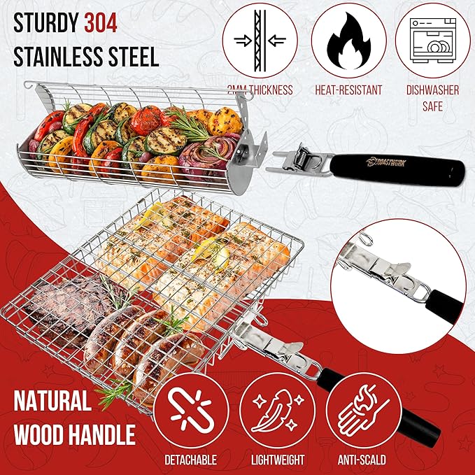 ROASTWURK's Bbq Grill Basket Set For Meat Fish Vegetables Stainless Steel 304 Barbecue Bbq Grilling Accessories Gifts For Men, Removable Wooden Handle Tool Shrimp Outdoor Cooking Camping Tailgating