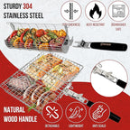 ROASTWURK's Bbq Grill Basket Set For Meat Fish Vegetables Stainless Steel 304 Barbecue Bbq Grilling Accessories Gifts For Men, Removable Wooden Handle Tool Shrimp Outdoor Cooking Camping Tailgating