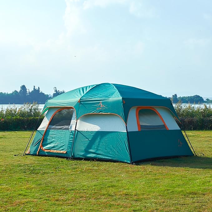 KTT Extra Large Tent 10-12-14 Person(Style-B),Family Cabin Tents,2 Rooms,3 Doors and 3 Windows with Mesh,Straight Wall,Waterproof,Double Layer,Big Tent for Outdoor,Picnic,Camping,Family Gathering