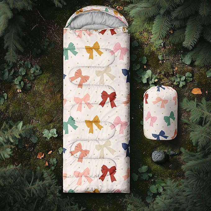 Colorful Bow Sleeping Bag, 3 Season Warm Cool Weather, Hand Drawn Bow Camping Sleeping Bag for Adult, Cute Bowknot Camping Backpacking for Outdoor Traveling Hiking Hunting Gear Equipment