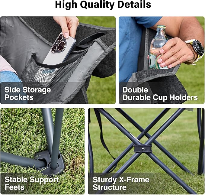 Oversized Camping Chair, Portable Folding Padded Camp Chairs with Side Pocket, Cup Holder, Heavy Duty Support 500LBS Outdoor Lounge Chair for Adults, Fishing, Sports, Trip, Black