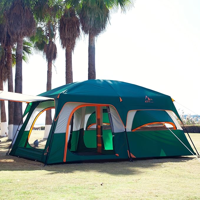 KTT Extra Large Tent 10-12-14 Person(Style-B),Family Cabin Tents,2 Rooms,3 Doors and 3 Windows with Mesh,Straight Wall,Waterproof,Double Layer,Big Tent for Outdoor,Picnic,Camping,Family Gathering