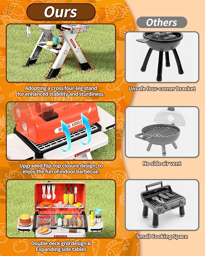 Kids BBQ Grill Playset 60Pcs with Real Steam, Sound & Light - Interactive Pretend Play Kitchen Cooking Toy for Boys Girls Ages 4-8 - Indoor Outdoor Backyard Barbecue Camping Set Birthday Gifts