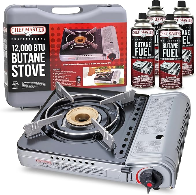 12,000 BTU Portable Butane Camping Stove with 4 x 8oz. Butane Fuel Canister Combo, Double Wind-Guard Portable Stove w/Carry Case for Road Trips, Camping, Tailgating & Emergencies by Chef Master 90235