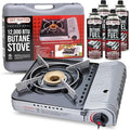 12,000 BTU Portable Butane Camping Stove with 4 x 8oz. Butane Fuel Canister Combo, Double Wind-Guard Portable Stove w/Carry Case for Road Trips, Camping, Tailgating & Emergencies by Chef Master 90235