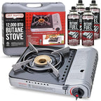 12,000 BTU Portable Butane Camping Stove with 4 x 8oz. Butane Fuel Canister Combo, Double Wind-Guard Portable Stove w/Carry Case for Road Trips, Camping, Tailgating & Emergencies by Chef Master 90235