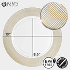 PARTY BARGAINS 13-Inch Charger Plates - 96 Pack, Clear Gold Rope Textured Rim, Heavy-Duty Disposable Chargers for Elegant Dining - Ideal for Weddings and Formal Events