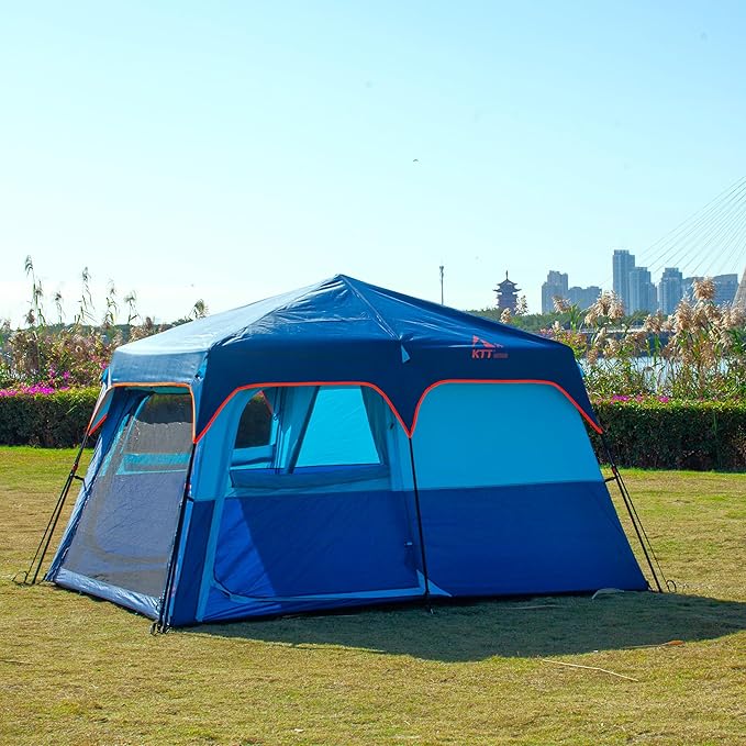 KTT Extra Large Tent 10-12-14 Person(B),Family Cabin Tents,2 Rooms,3 Doors and 3 Windows with Mesh,Straight Wall,Waterproof,Double Layer,Big Tent for Outdoor,Picnic,Camping,Family Gathering