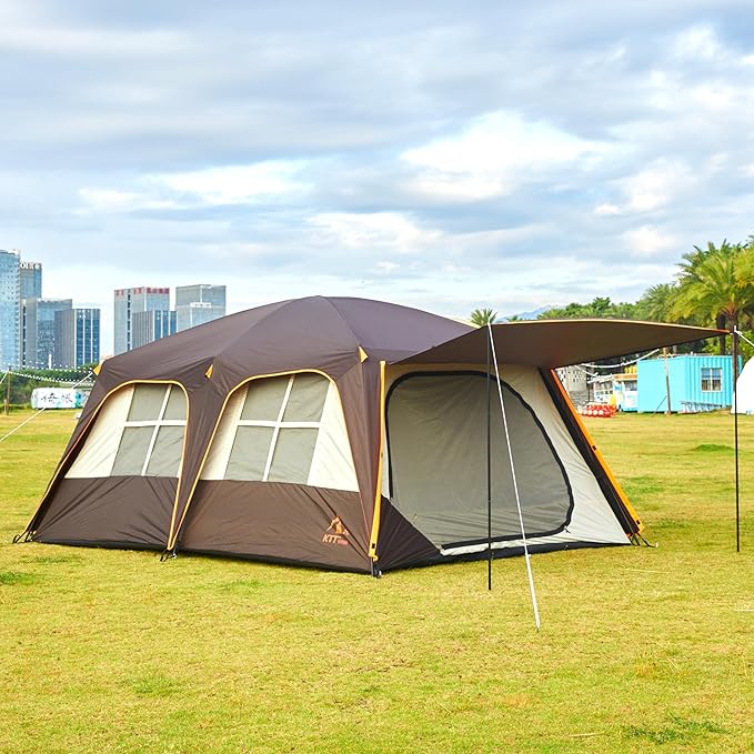 KTT Extra Large Tent 12 Person(A),Awning Family Cabin Tents,2 Rooms,4 Doors and 4 Windows with Mesh,Straight Wall,Waterproof,Double Layer,Big Tent for Outdoor,Picnic,Camping,Family Gathering。