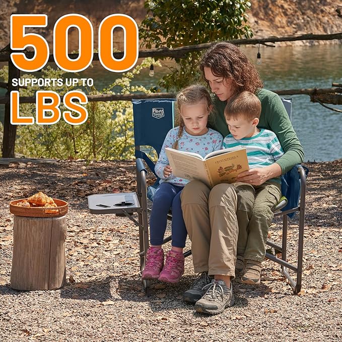Timber Ridge XXL Extra Wide Foldable Directors Chair with Side Table, 500 lbs Heavy Duty Camping Chairs for Adults, Oversized Folding Lawn Chair for Lawn Beach Sports Outdoor, Blue