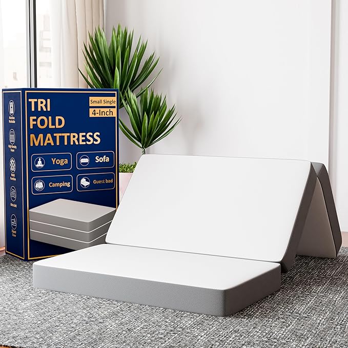 Greaton, 4-Inch Tri-Folding Gel Memory Foam Portable Floor Mattress | Breathable Mesh, Ultra Soft, Cot Pad, Removable and Washable Cover, Comfortable Support, Therapeutic Qualities, 25-Inch, White