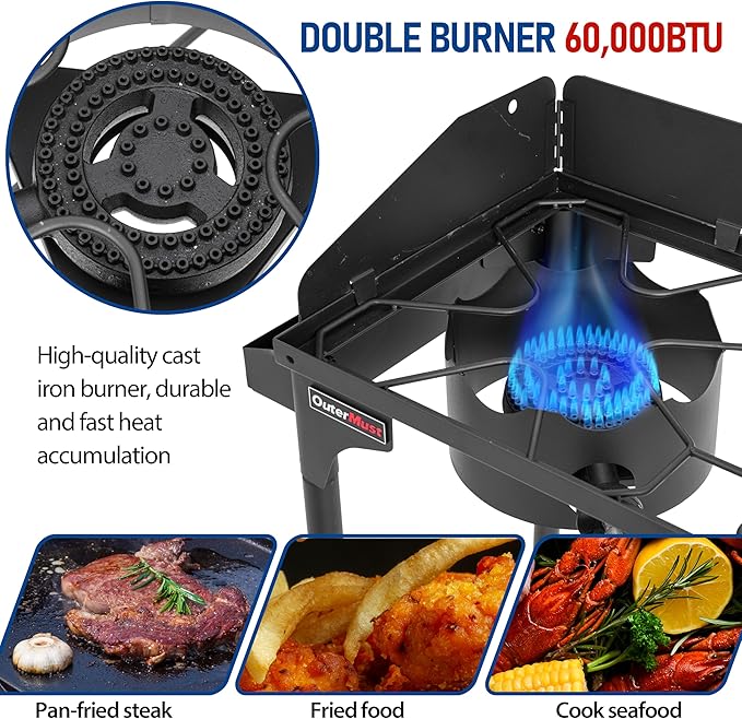 Propane Double Burner for Outdoor Cooking Two Camping Stove with Removable Windscreen and Detachable Legs Stand for Home Brewing, Camping, BBQ